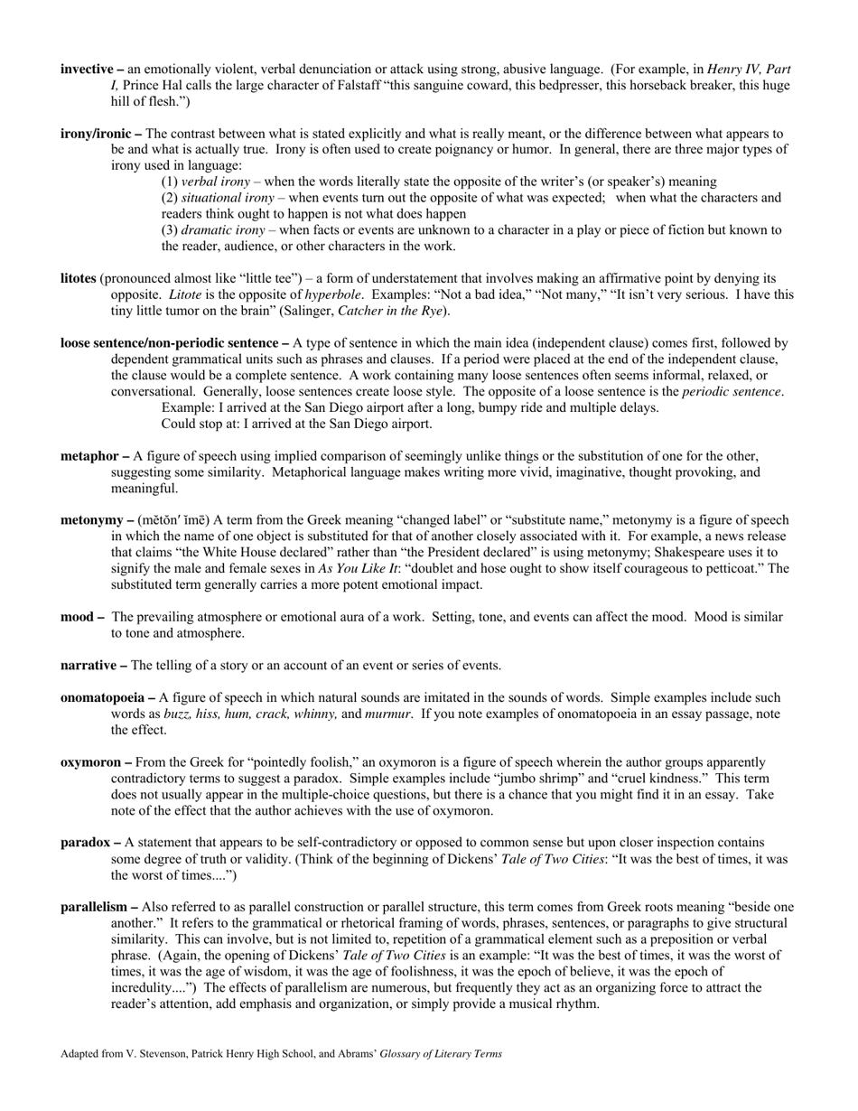 Terms - Ap English Language and Composition (Adapted From V. Stevenson, Patrick Henry High School, and Abrams Glossary of Literary Terms), Page 3