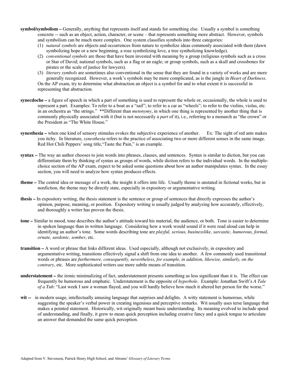 Terms - Ap English Language and Composition (Adapted From V. Stevenson, Patrick Henry High School, and Abrams Glossary of Literary Terms), Page 6