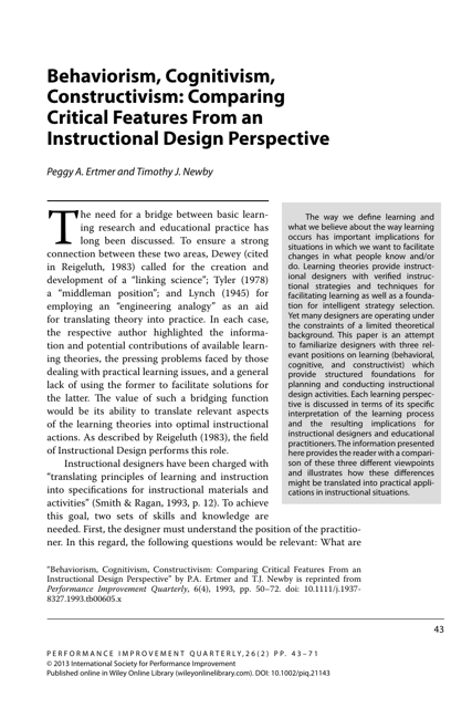 Behaviorism, Cognitivism, Constructivism: Comparing Critical Features From an Instructional Design Perspective, Peggy a. Ertmer and Timothy J. Newby - International Society for Performance Improvement