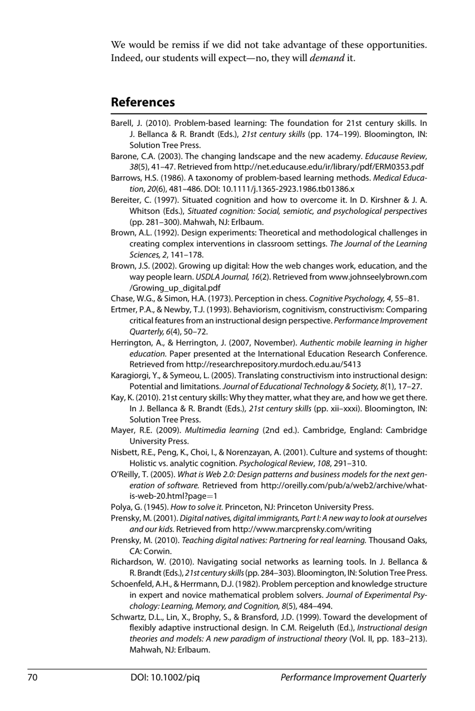 Behaviorism, Cognitivism, Constructivism: Comparing Critical Features From an Instructional Design Perspective, Peggy a. Ertmer and Timothy J. Newby - International Society for Performance Improvement, Page 28