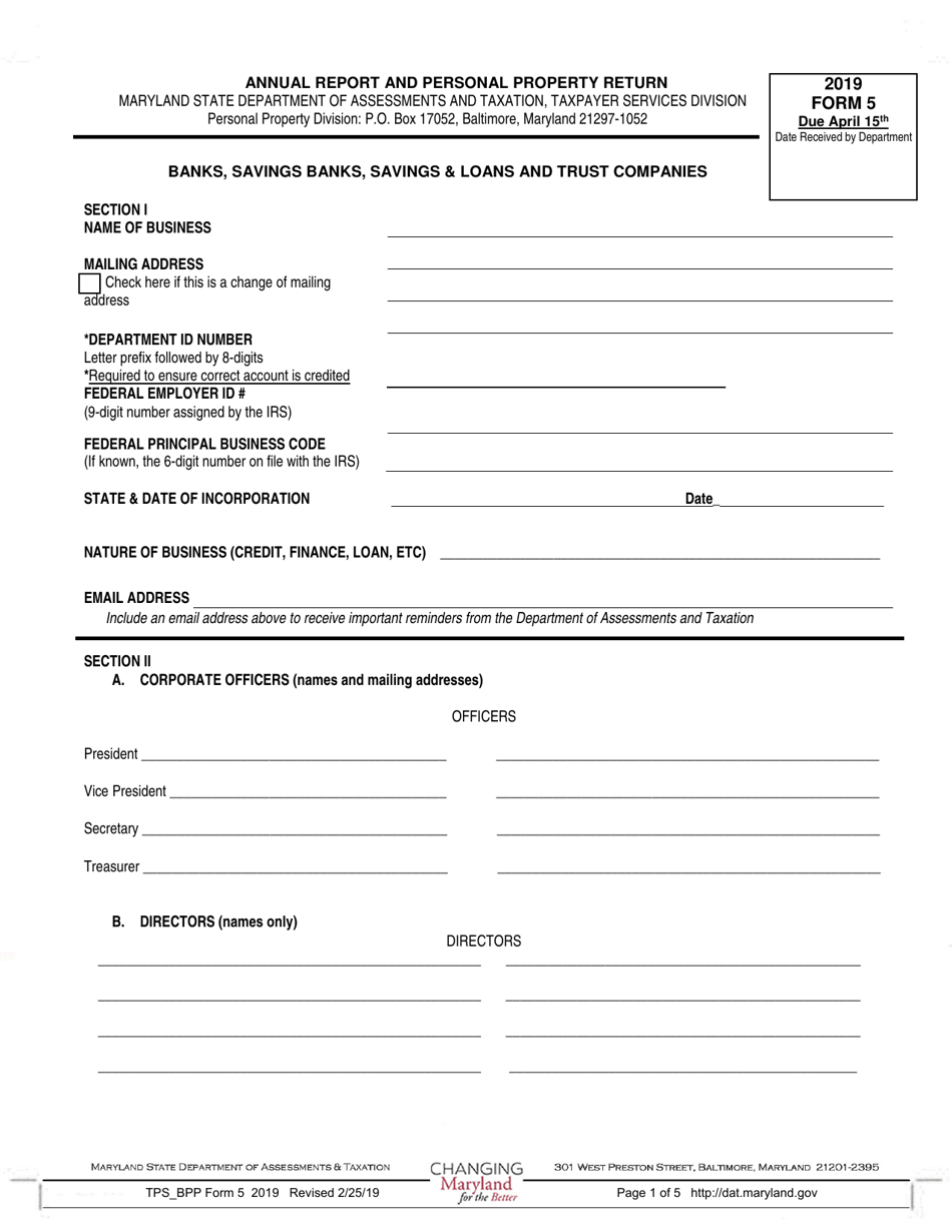 Form 5 Banks, Savings Banks, Savings  Loans and Trust Companies - Annual Report and Personal Property Return - Maryland, Page 1