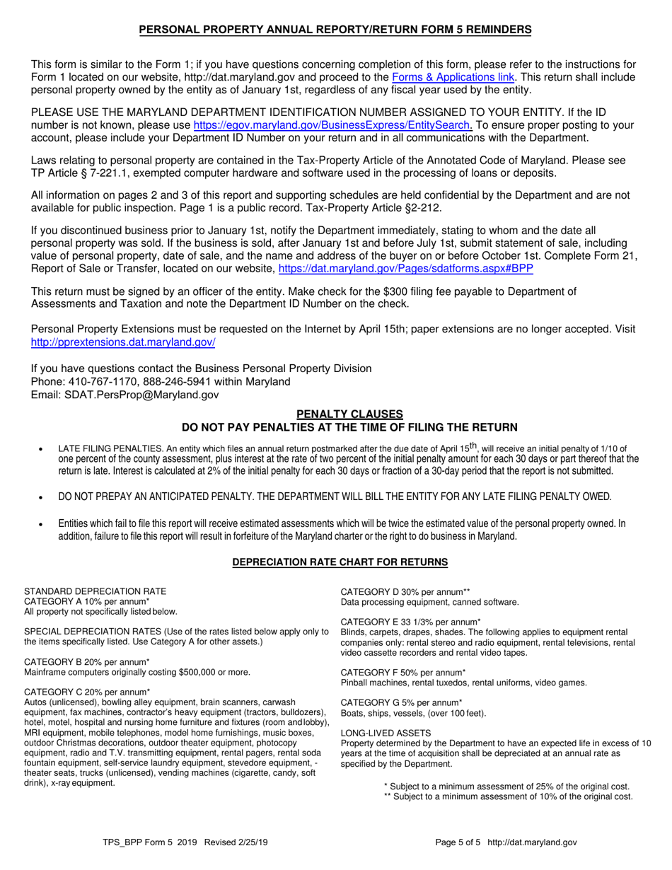 Form 5 Banks, Savings Banks, Savings  Loans and Trust Companies - Annual Report and Personal Property Return - Maryland, Page 5