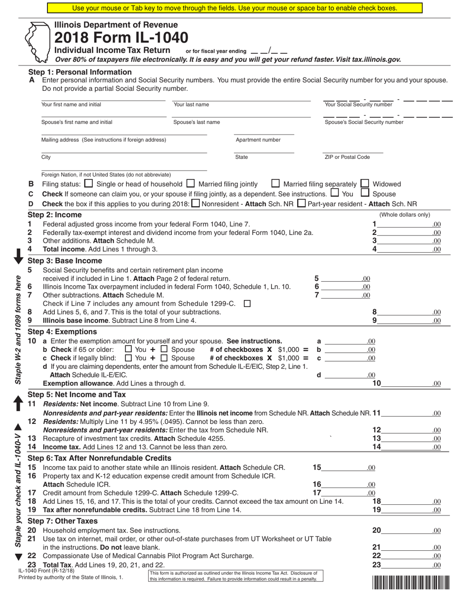 Form IL-1040 Individual Income Tax Return - Illinois, Page 1