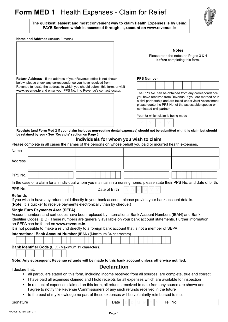 Form MED1 Health Expenses - Claim for Relief - Ireland, Page 1