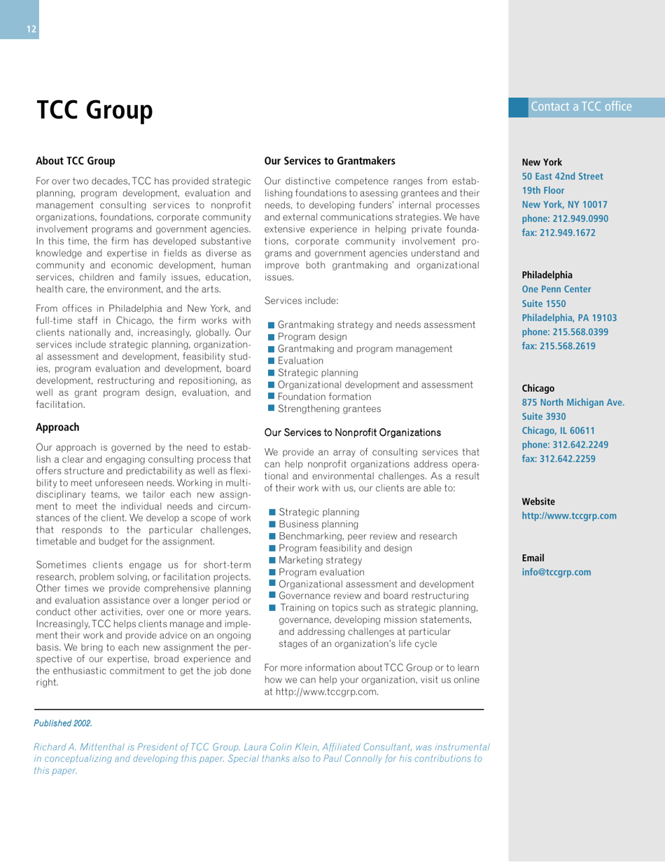 Ten Keys to Successful Strategic Planning for Nonprofit and Foundation Leaders, Richard a. Mittenthal - Tcc Group, Page 12