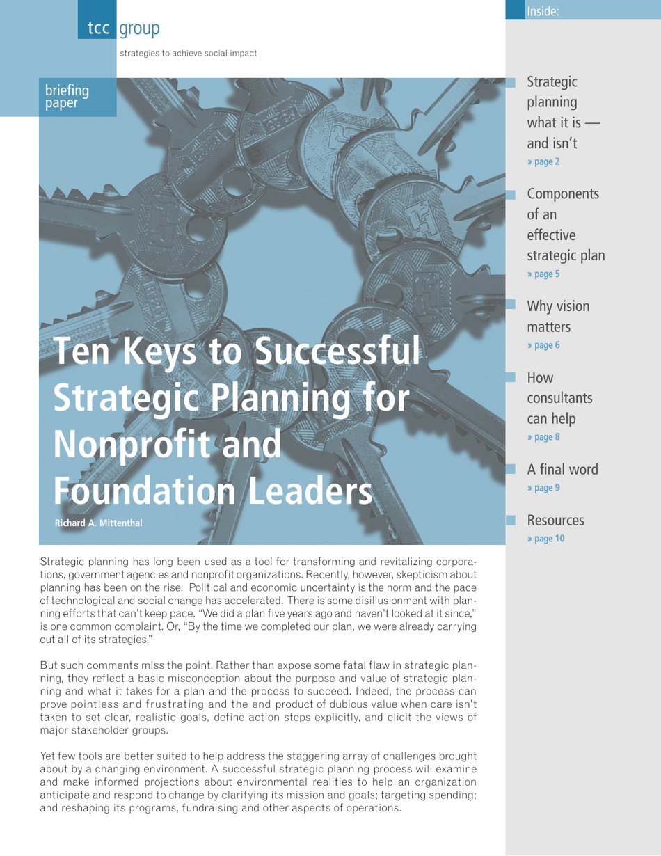 Ten Keys to Successful Strategic Planning for Nonprofit and Foundation Leaders by Richard A. Mittenthal - TCC Group Document Preview