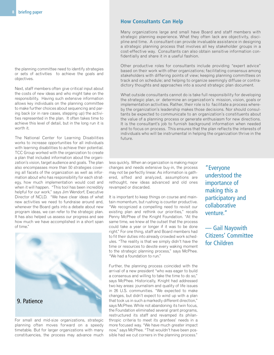 Ten Keys to Successful Strategic Planning for Nonprofit and Foundation Leaders, Richard a. Mittenthal - Tcc Group, Page 8