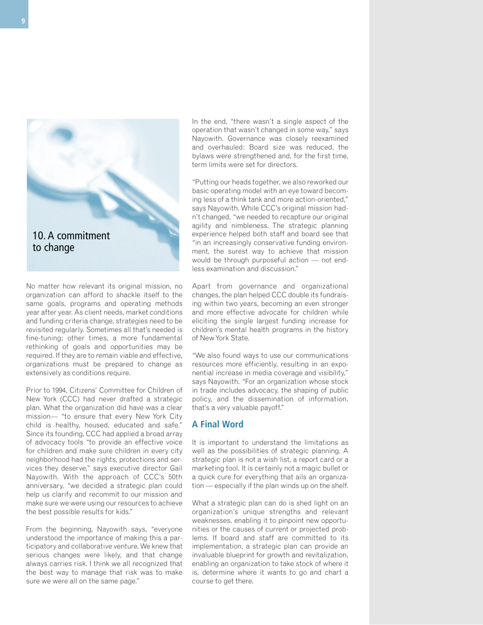 Ten Keys to Successful Strategic Planning for Nonprofit and Foundation Leaders, Richard a. Mittenthal - Tcc Group, Page 9