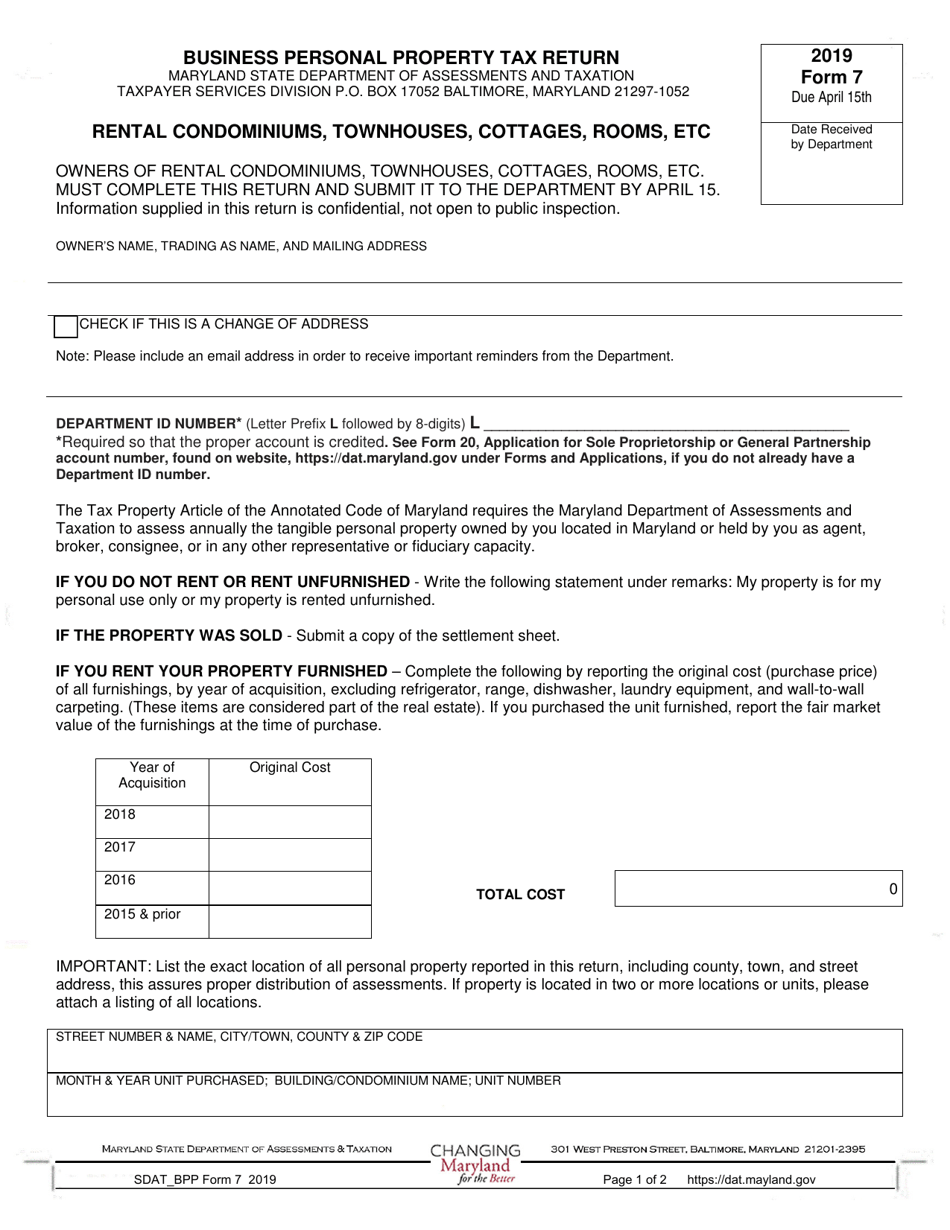 Form 7 Rental Condominiums, Townhouses, Cottages, Rooms, Etc - Business Personal Property Tax Return - Maryland, Page 1