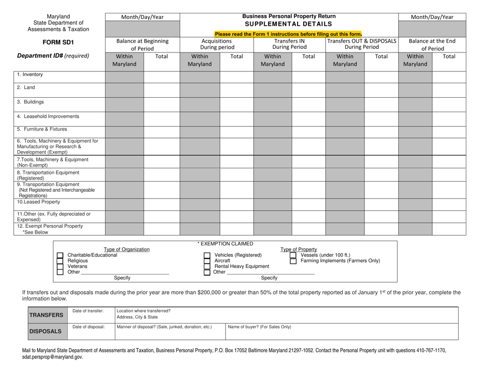 Form SD1 Business Personal Property Return - Supplemental Details - Maryland, Page 1