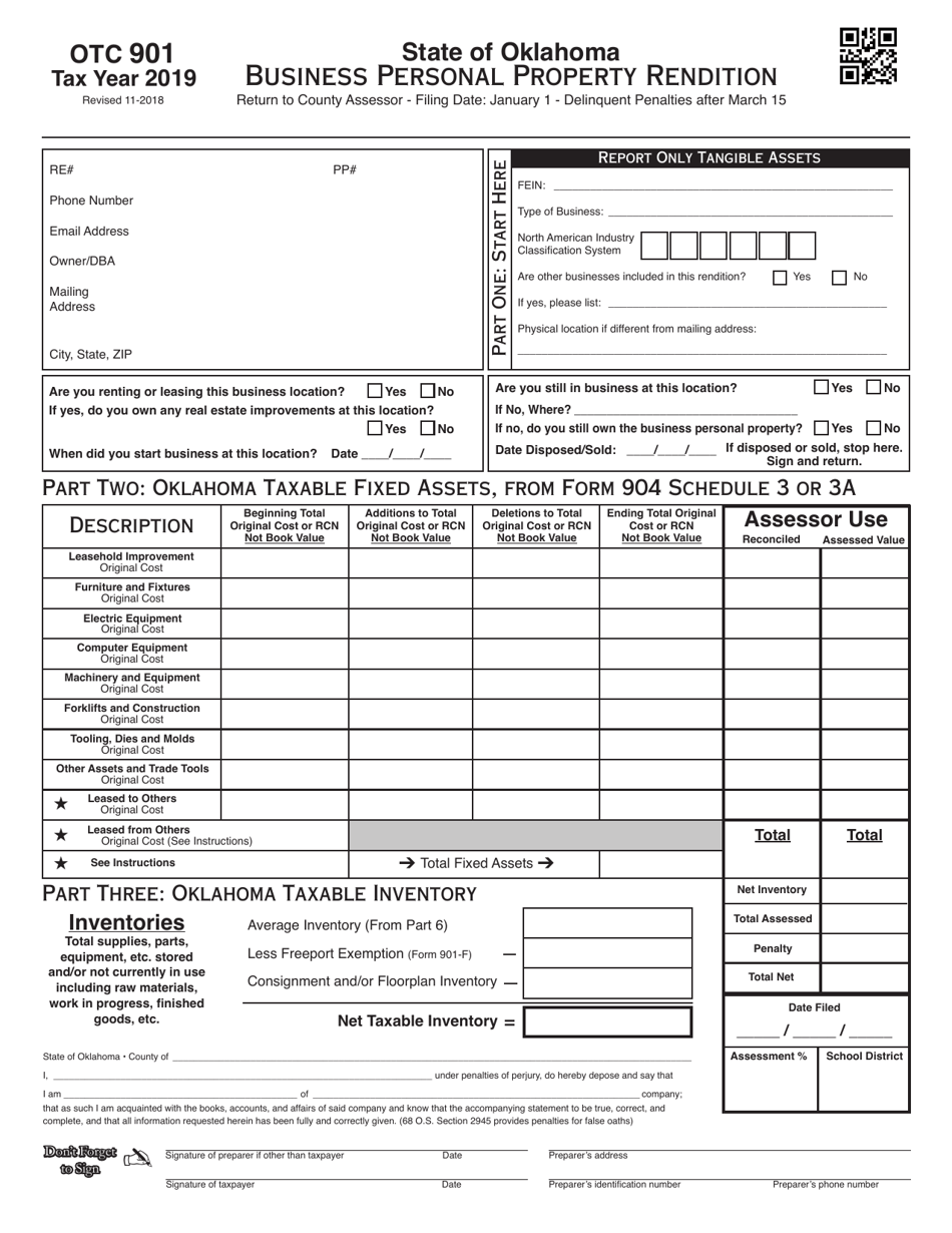 OTC Form OTC901 Business Personal Property Rendition - Oklahoma, Page 1