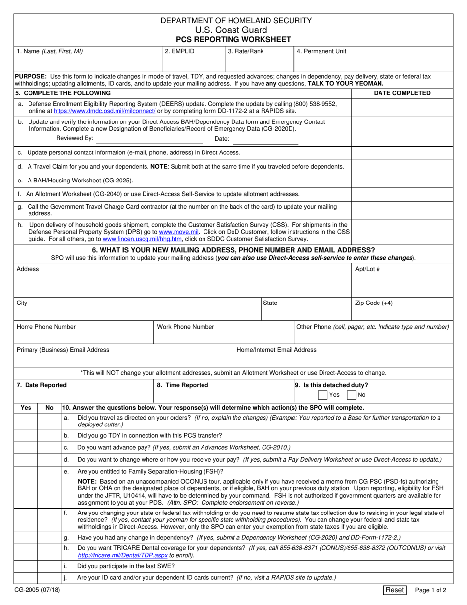 Form CG-2005 PCS Reporting Worksheet, Page 1