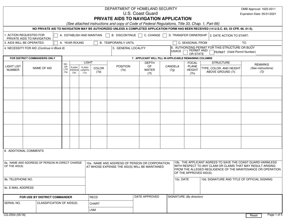 Form CG-2554 Private AIDS to Navigation Application, Page 1