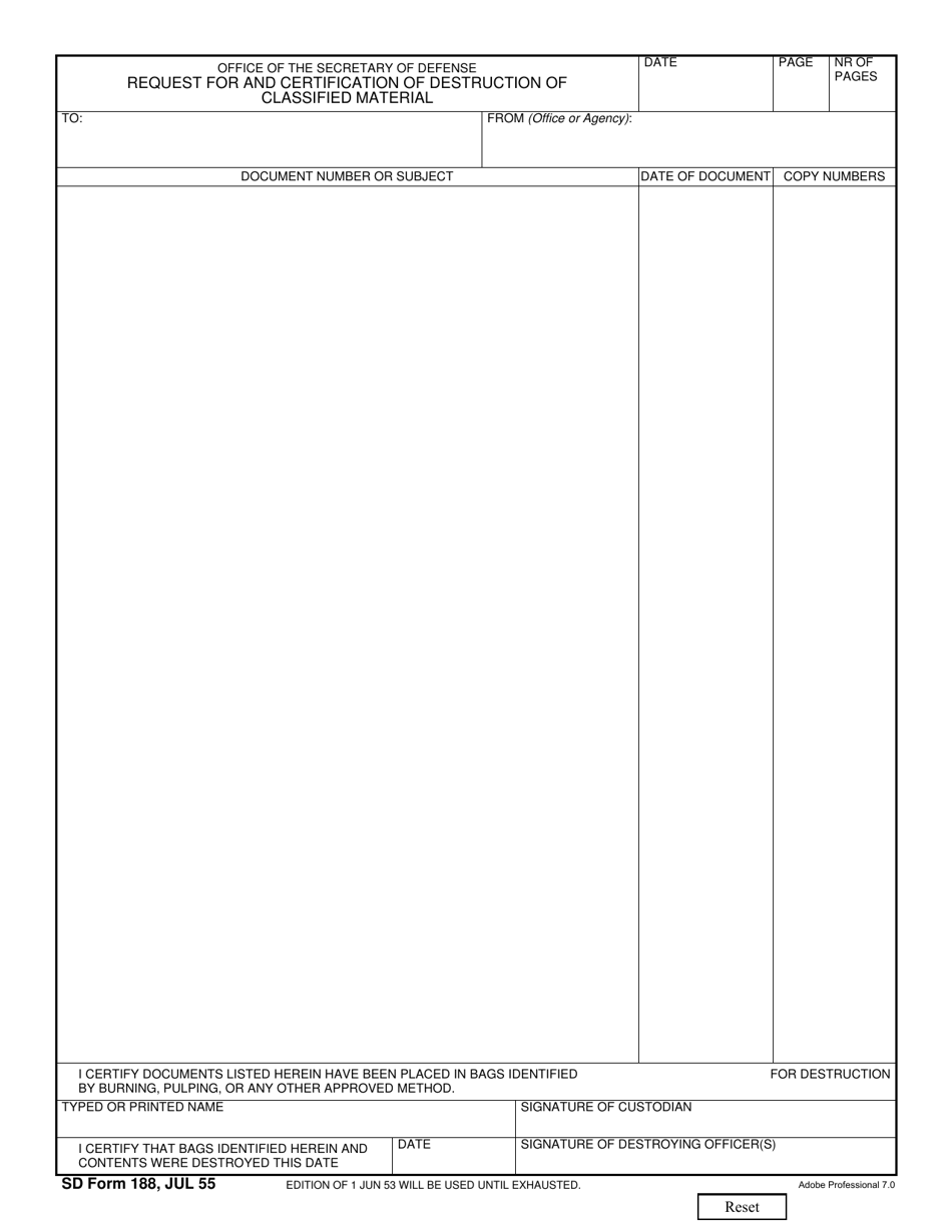 SD Form 199 Request for and Certification of Destruction of Classified Material, Page 1
