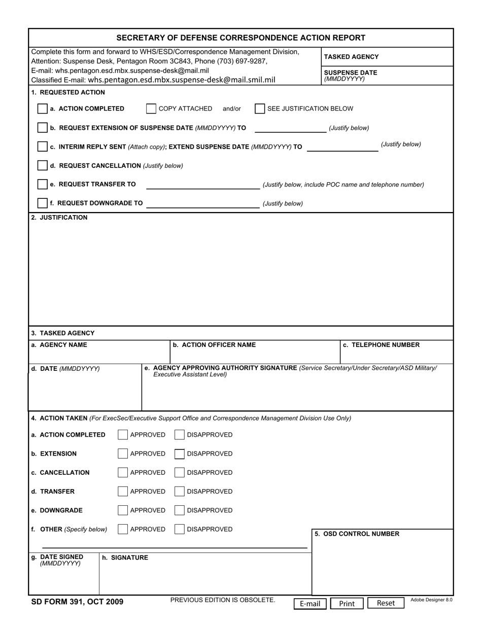 SD Form 391 Secretary of Defense Correspondence Action Report, Page 1
