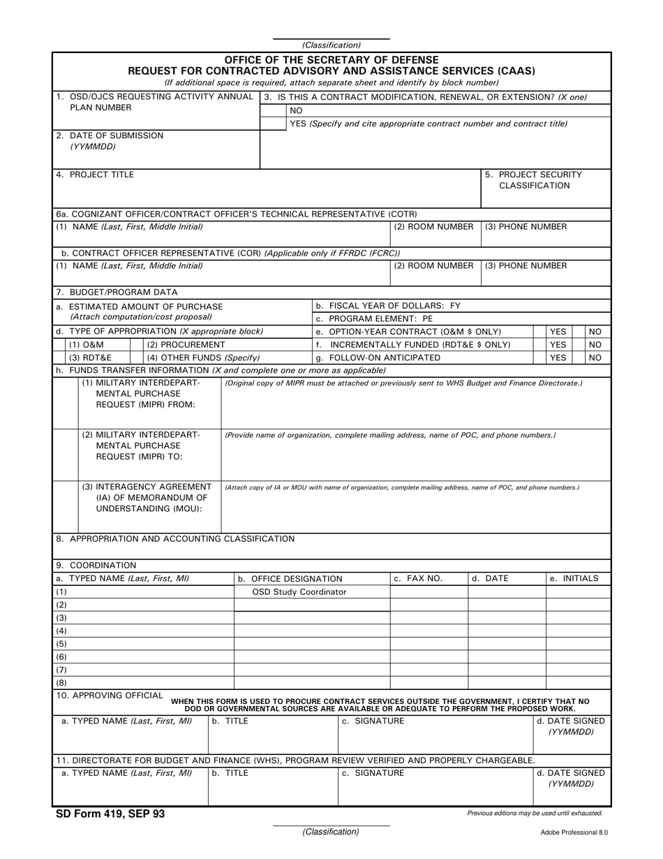 SD Form 419 Osd Request for Contracted Advisory and Assistance Services, Page 1