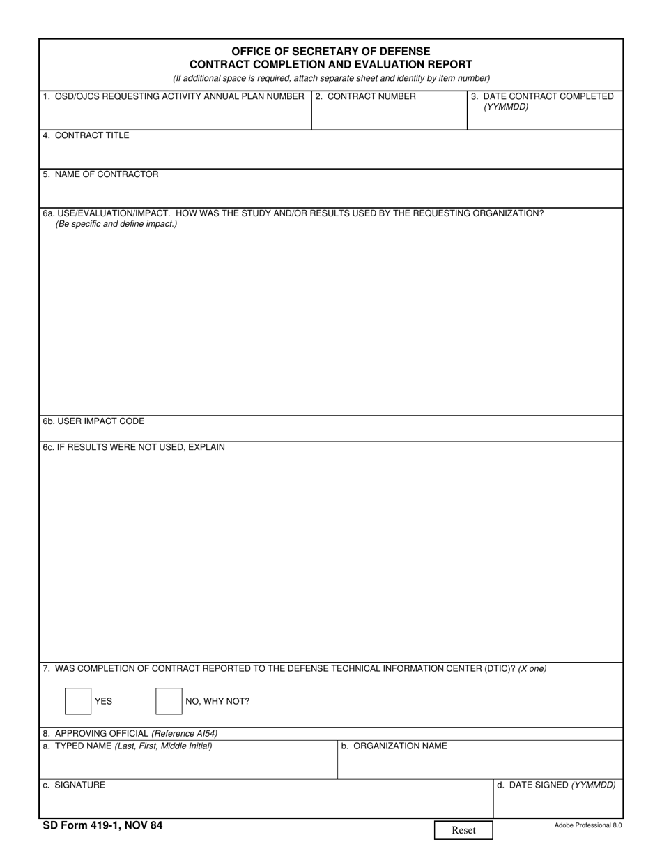 Sd Form 419 1 Download Fillable Pdf Or Fill Online Osd Contract Completion And Evaluation Report Templateroller