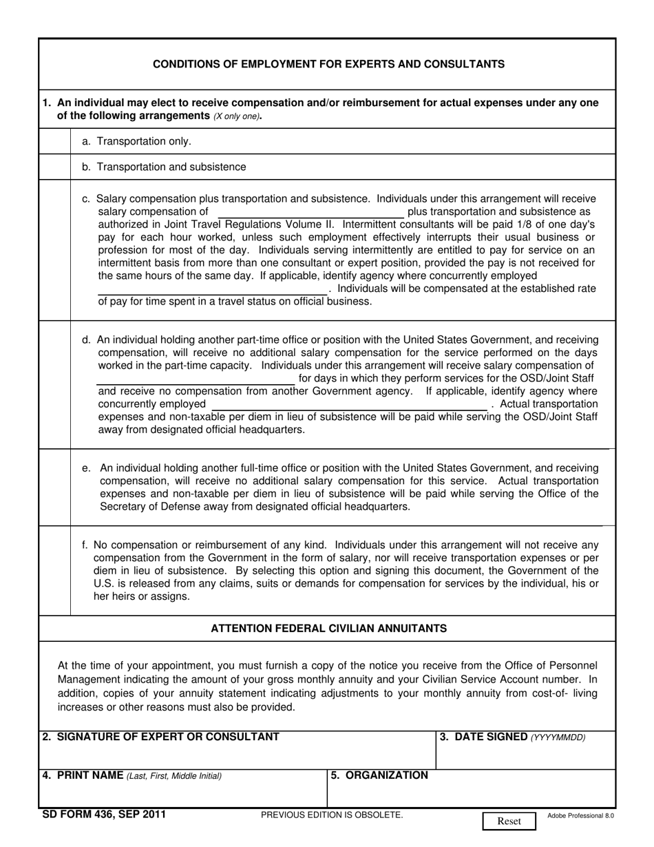 SD Form 436 Conditions of Employment for Experts and Consultants, Page 1