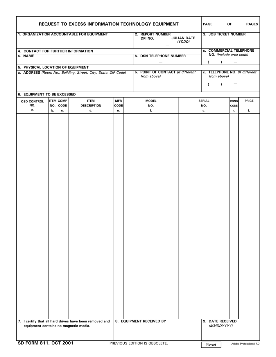 SD Form 811 Request to Excess Information Technology Equipment, Page 1