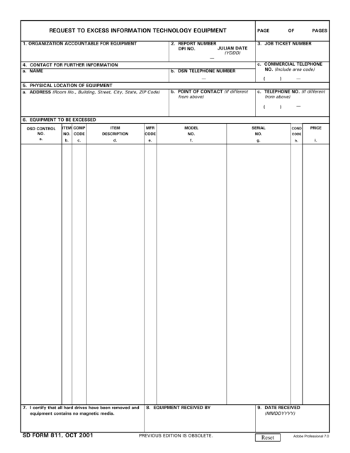 SD Form 811 Request to Excess Information Technology Equipment