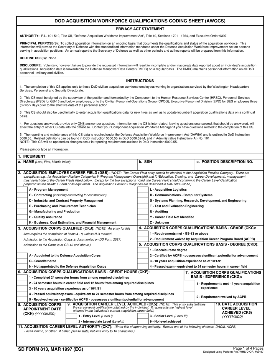 SD Form 813 DoD Acquisition Workforce Qualifications Coding Sheet (Awqcs), Page 1
