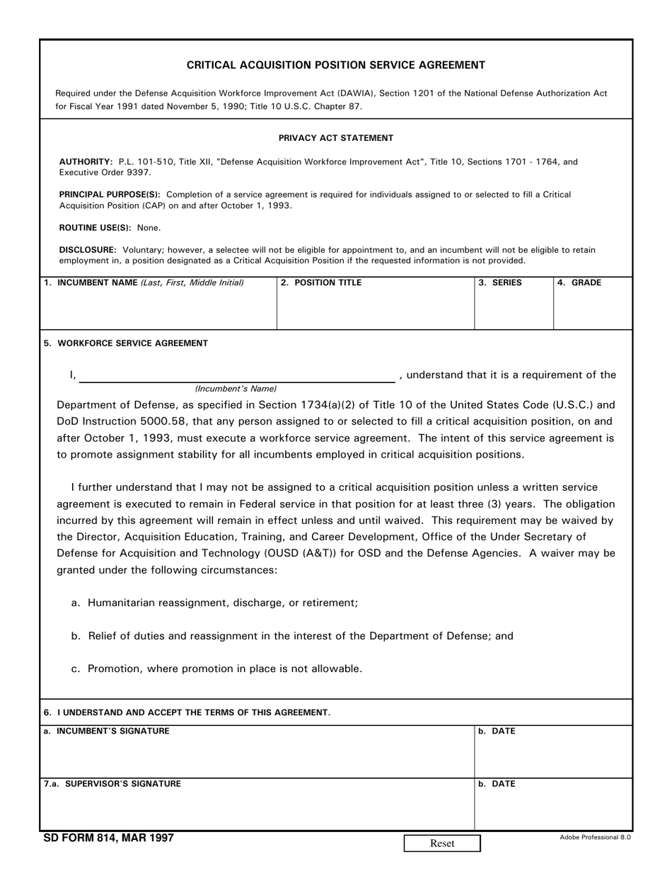 SD Form 814 Critical Acquisition Position Service Agreement, Page 1