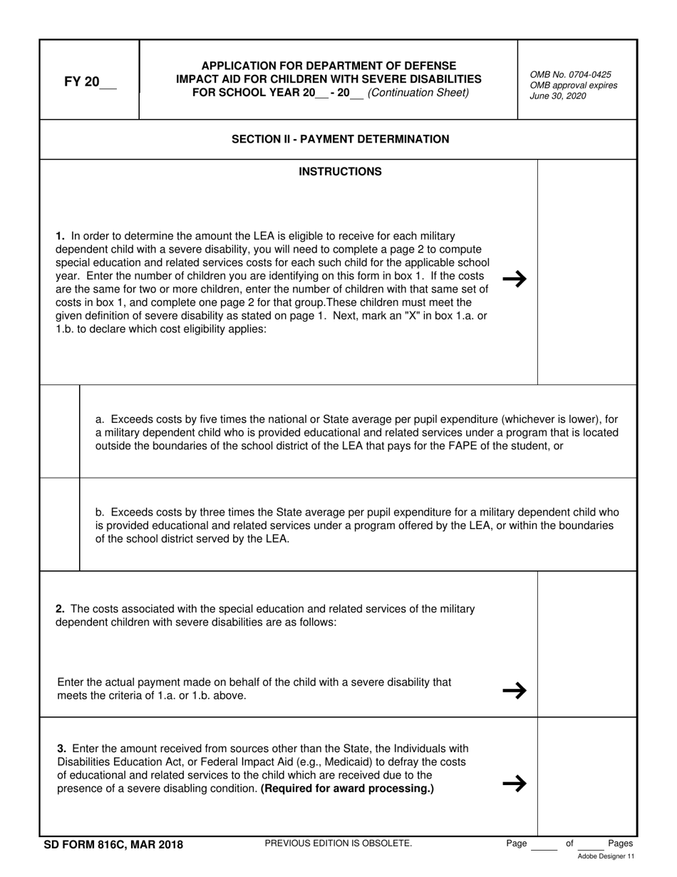 SD Form 816C Application for DoD Impact Aid for Children With Severe Disabilities (Continuation Sheet), Page 1