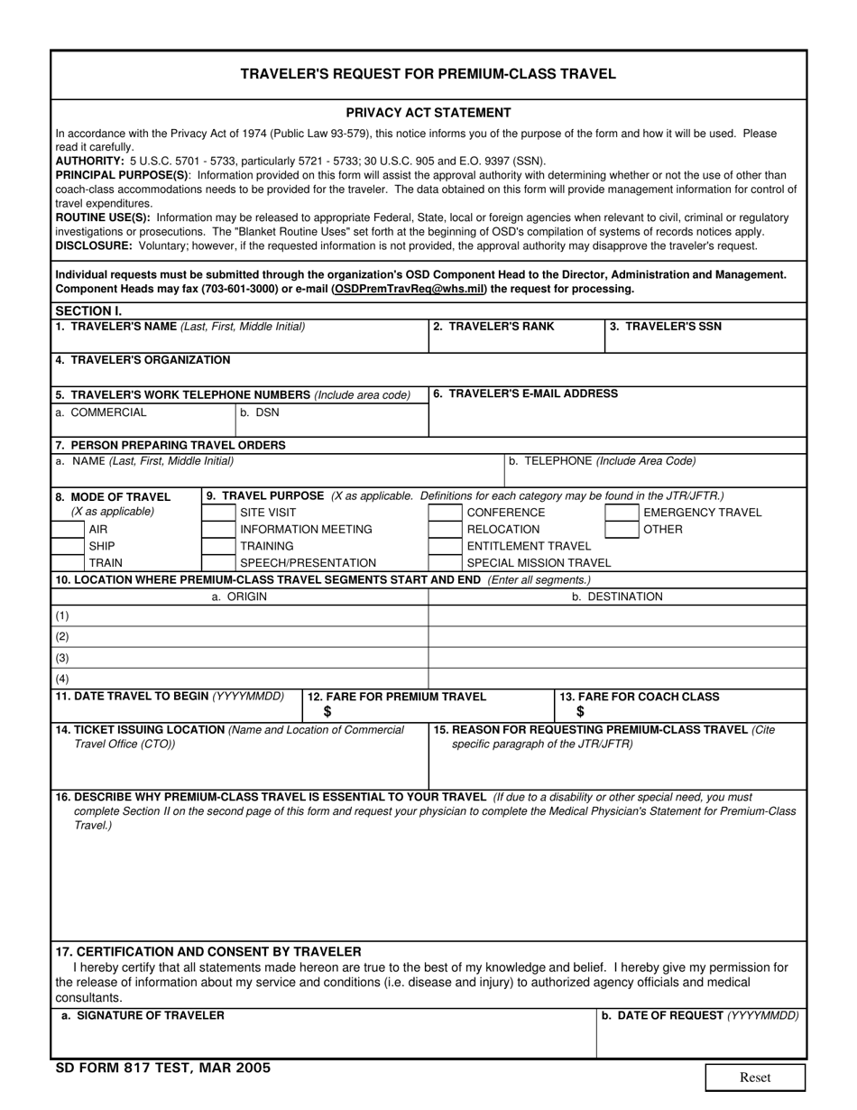 SD Form 817 TEST Travelers Request for Premium-Class Travel, Page 1