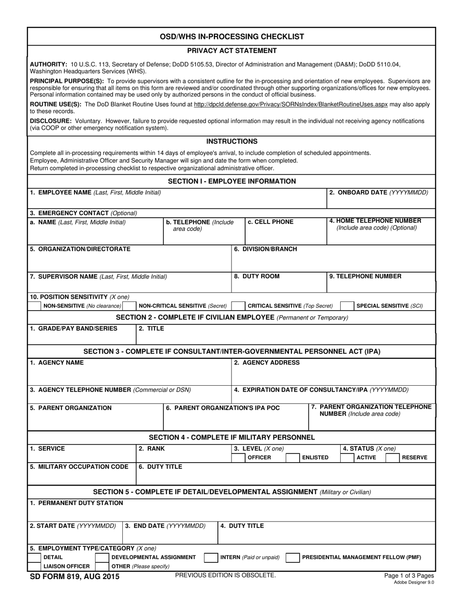 SD Form 819 Osd / WHS in-Processing Checklist, Page 1