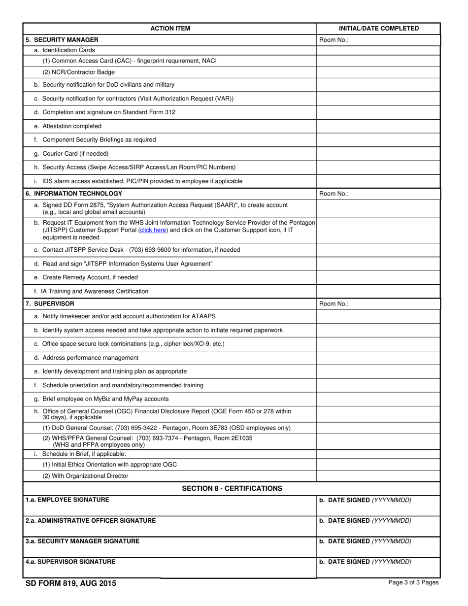 SD Form 819 Osd / WHS in-Processing Checklist, Page 3