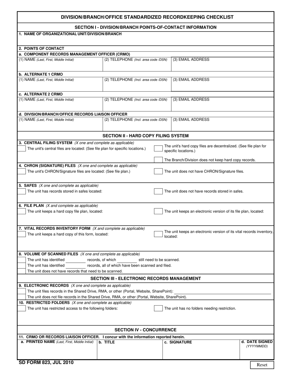 SD Form 823 Division / Branch / Office Standardized Recordkeeping Checklist, Page 3