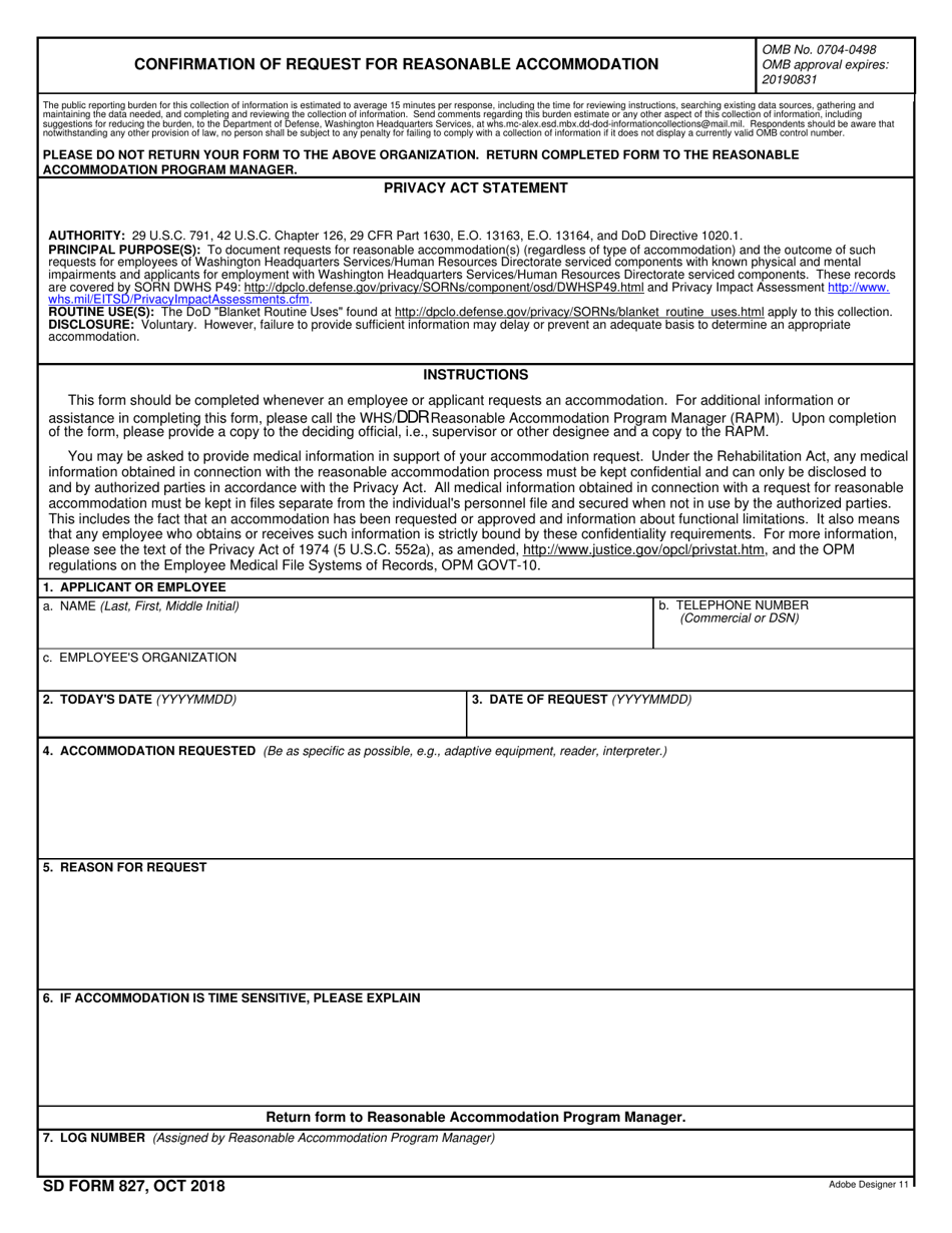 SD Form 827 Confirmation of Request for Reasonable Accommodation, Page 1