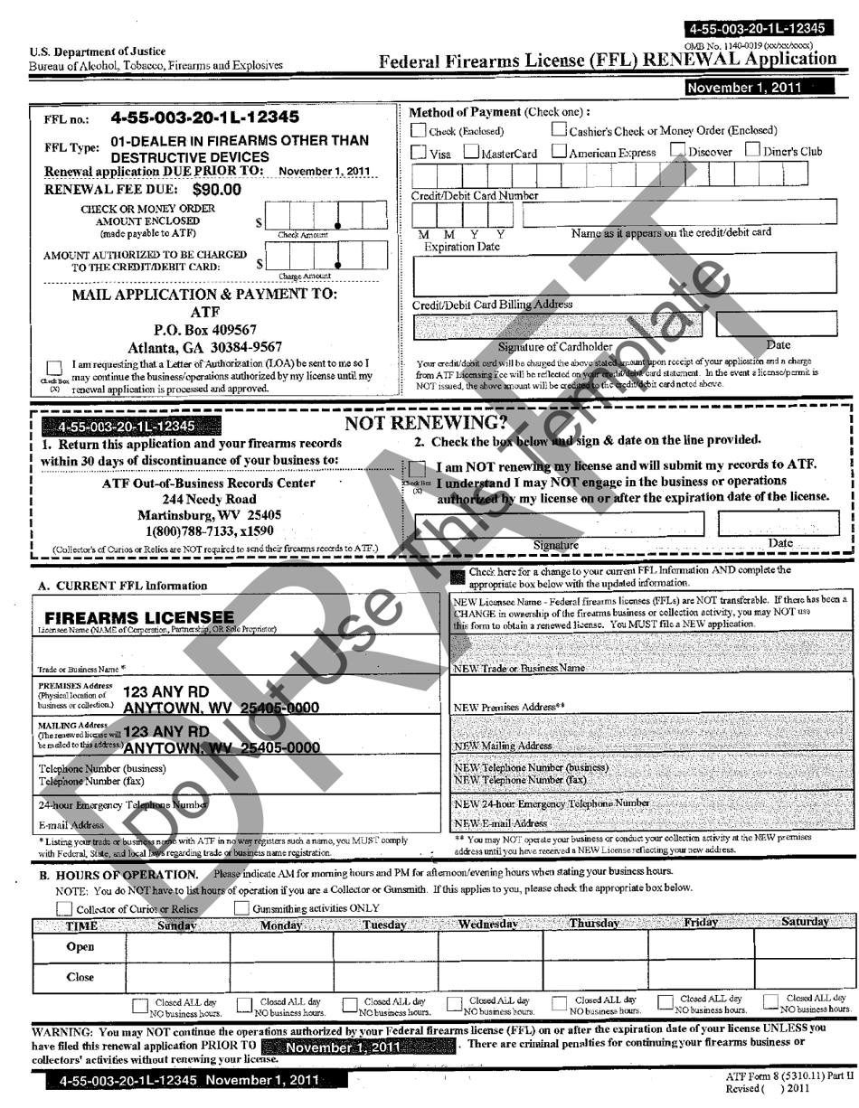 ATF Form 8 (5310.11) Part II Federal Firearms License (FFL) Renewal Application - Draft, Page 1