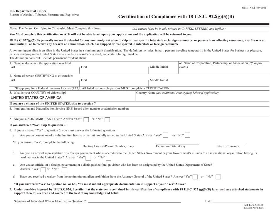 ATF Form 5330.20 Certification of Compliance With 18 U.s.c. 922(G)(5)(B), Page 1