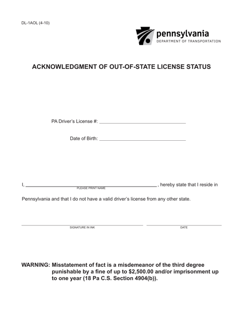 Form DL-1AOL Acknowledgment of Out-of-State License Status - Pennsylvania