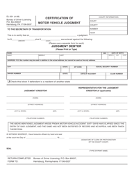 Document preview: Form DL-201 Certification of Motor Vehicle Judgment - Pennsylvania