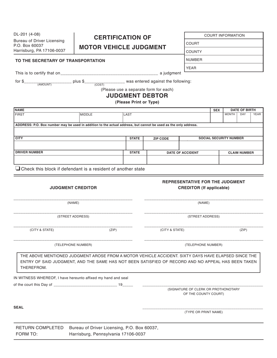 Form DL-201 Certification of Motor Vehicle Judgment - Pennsylvania, Page 1
