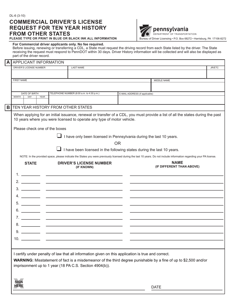Form DL-6 Commercial Drivers License Request for Ten Year History From Other States - Pennsylvania, Page 1