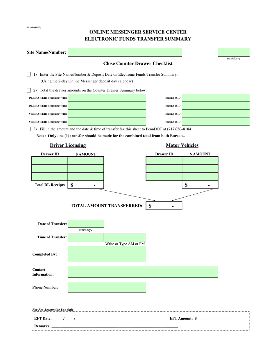 Form FA-166 On-Line Messenger Service Center Electronic Funds Transfer Summary - Pennsylvania, Page 1