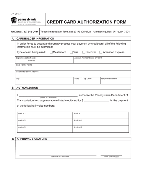 Form C-4 Credit Card Authorization Form - Pennsylvania