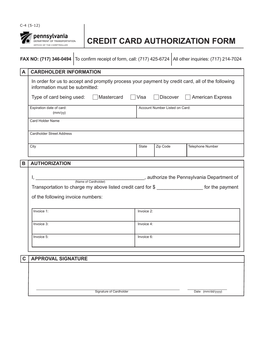 Form C-4 Credit Card Authorization Form - Pennsylvania, Page 1