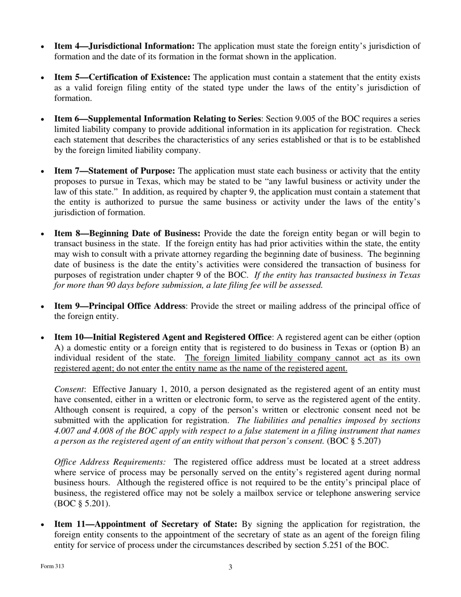 Form 313 Application for Registration of a Foreign Series Limited Liability Company - Texas, Page 3