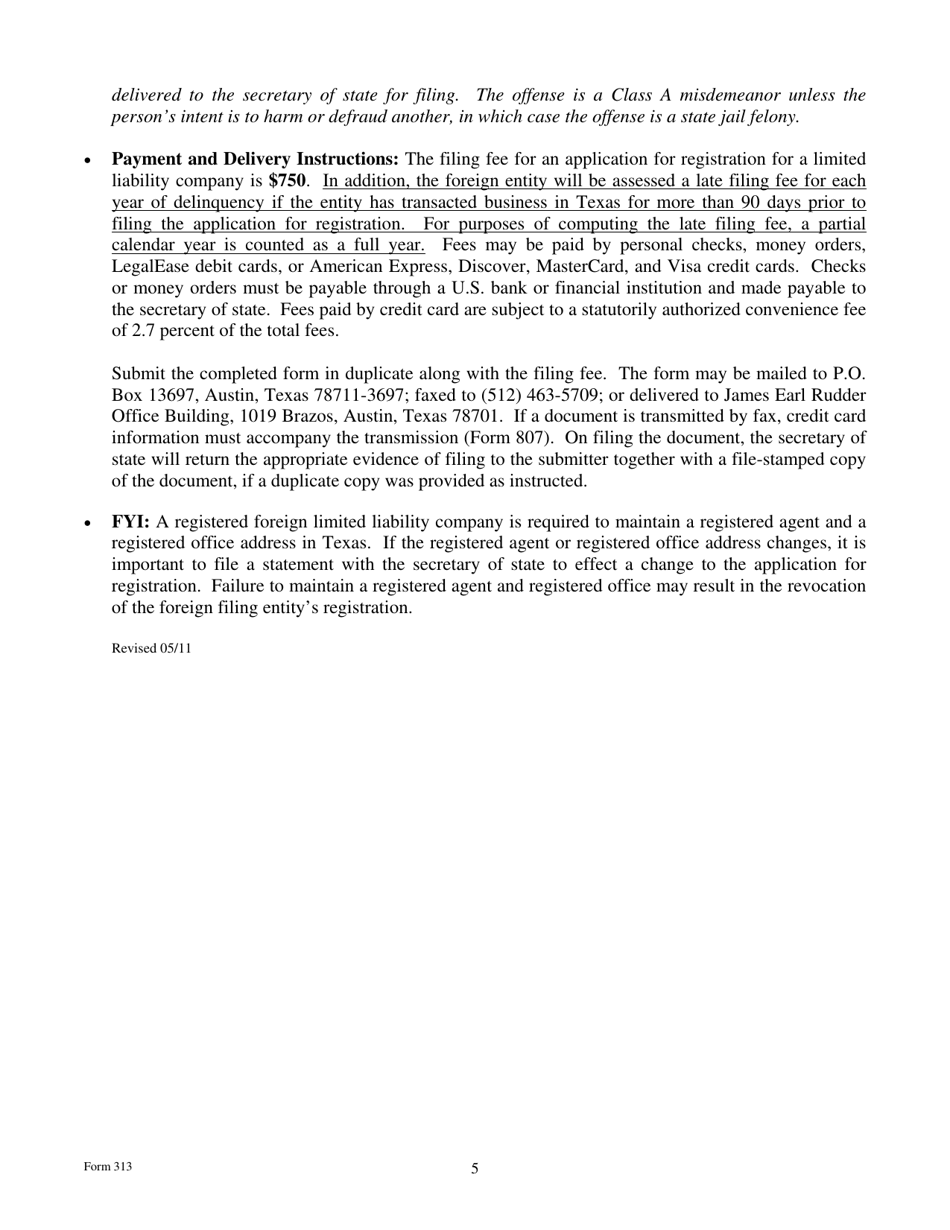 Form 313 Application for Registration of a Foreign Series Limited Liability Company - Texas, Page 5