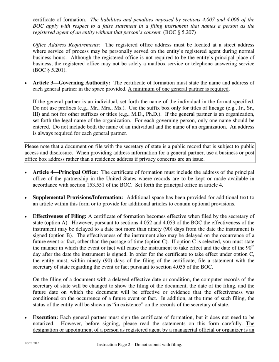 Form 207 Certificate of Formation - Limited Partnership - Texas, Page 2