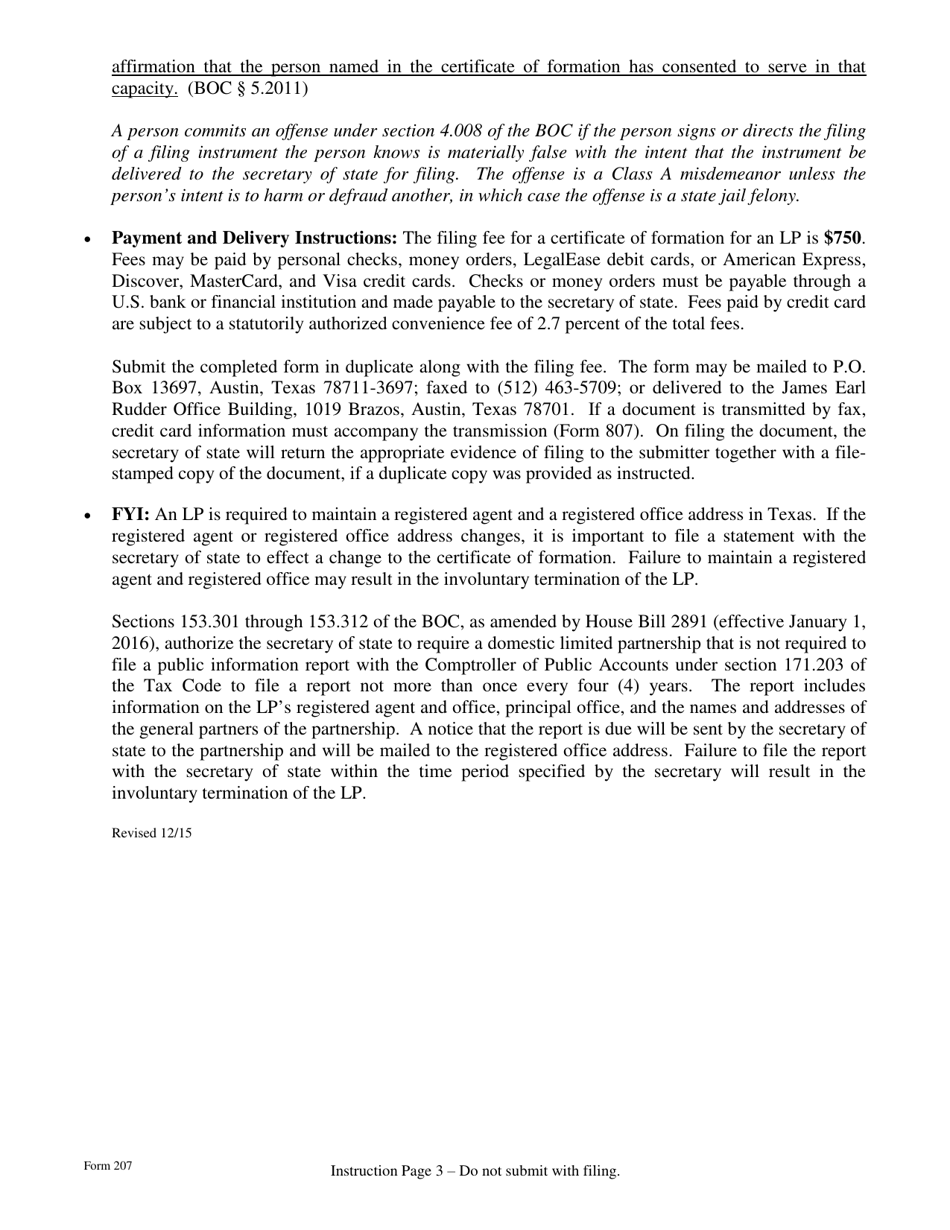 Form 207 Certificate of Formation - Limited Partnership - Texas, Page 3