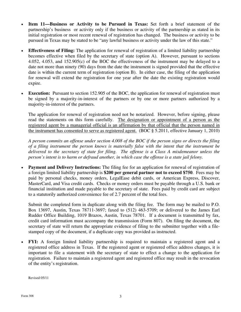 Form 308 Application for Renewal of Registration of a Foreign Limited Liability Partnership - Texas, Page 3