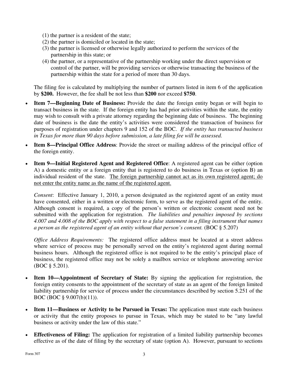 Form 307 Application for Registration of a Foreign Limited Liability Partnership - Texas, Page 3