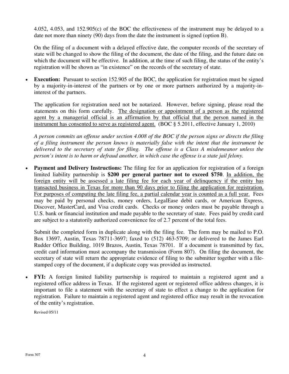 Form 307 Application for Registration of a Foreign Limited Liability Partnership - Texas, Page 4