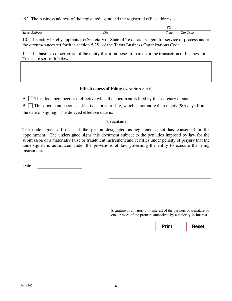 Form 307 Application for Registration of a Foreign Limited Liability Partnership - Texas, Page 6