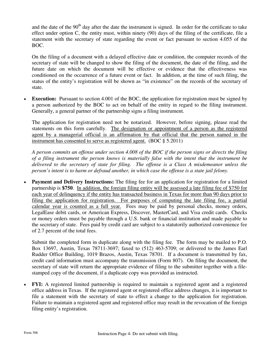 Form 306 Application for Registration of a Foreign Limited Partnership - Texas, Page 4